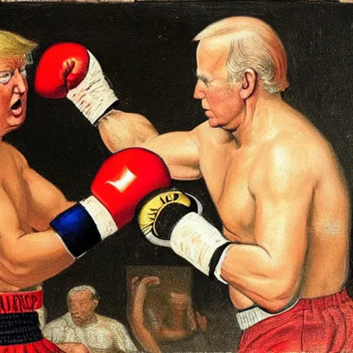 Prompt: a renaissance painting of donald trump and joe biden fighting in a boxing ring