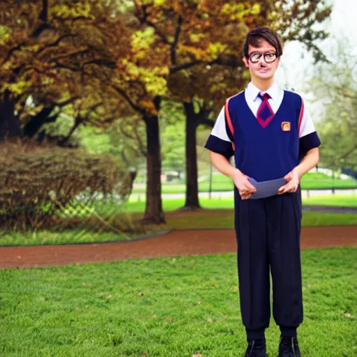 Image similar to a realistic fullbody photograph of a nerdy school boy in a park, school uniform