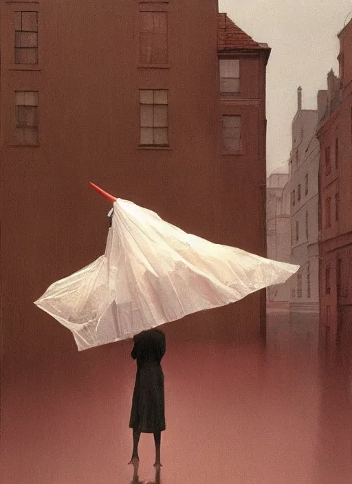 Prompt: woman dressed in plastic bags in paper bag over the head on flooded street Edward Hopper and James Gilleard, Zdzislaw Beksinski, highly detailed