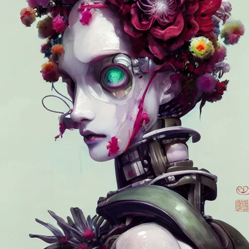 Image similar to surreal gouache painting, by yoshitaka amano, by ruan jia, by conrad roset, by good smile company, detailed anime 3 d render of a female mechanical android head with flowers growing out, portrait and white background, cgsociety, artstation, rococo mechanical costume and grand headpiece, dieselpunk atmosphere