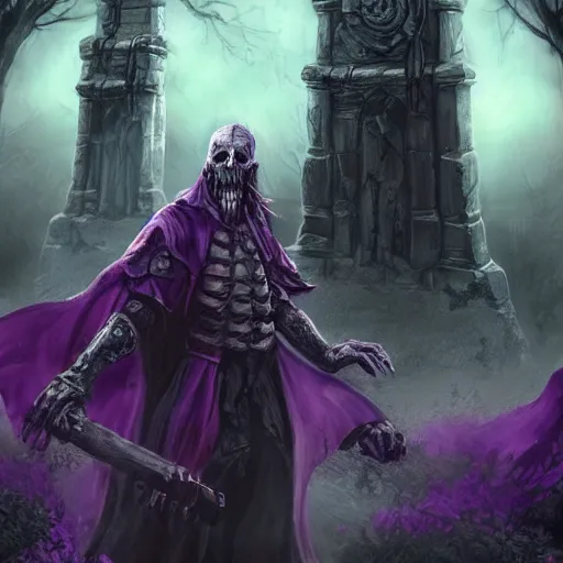 Prompt: a violet evil old wizard, graveyard background, undead arms rising from the ground, epic fantasy style art, fantasy epic digital art