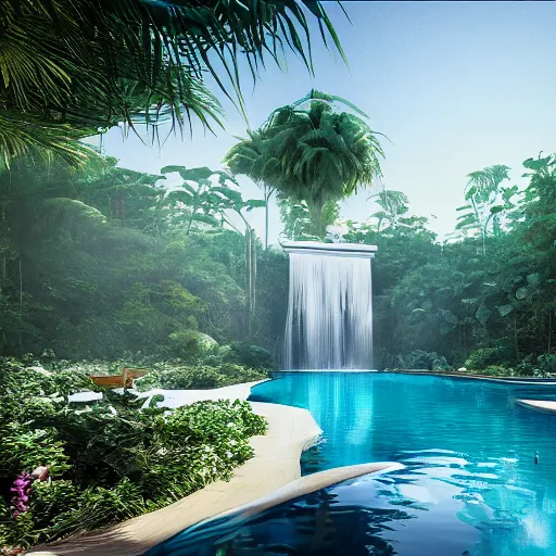 Prompt: a large swimming pool with a waterfall in the middle of it, a digital rendering by ricardo bofill, featured on tumblr, aestheticism, vray, sanctuary, rendered in unreal engine