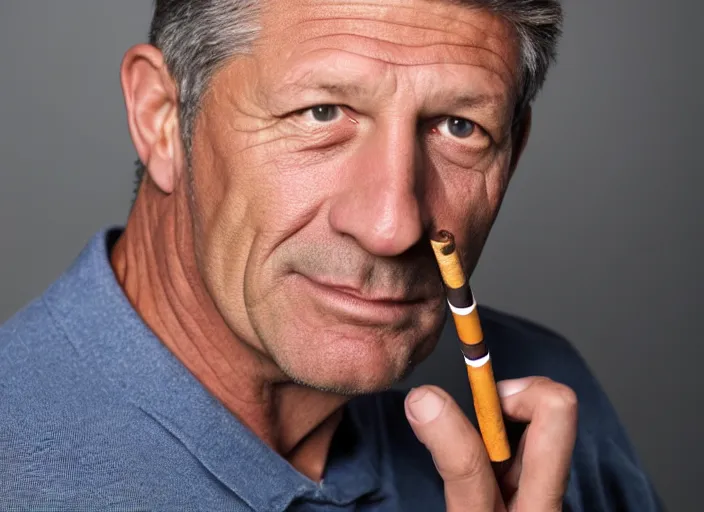 Prompt: studio portrait photo still of fred ward!!!!!!!! at age 5 3 years old 5 3 years of age!!!!!!! smoking a cigarette, 8 k, 8 5 mm f 1. 8, studio lighting, rim light, right side key light