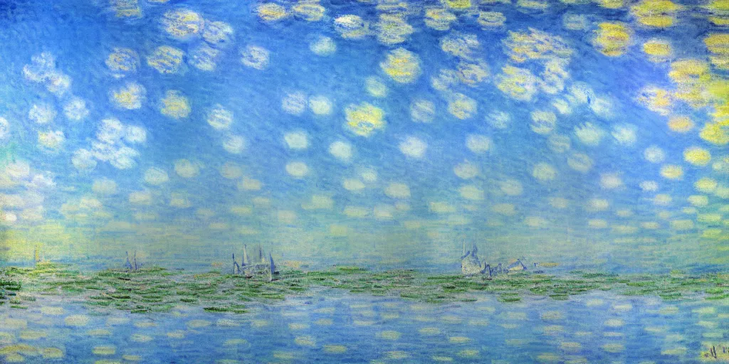 Prompt: blue sky, illustration, blueish, whiteish, dreamy, impressionism, claude monet style