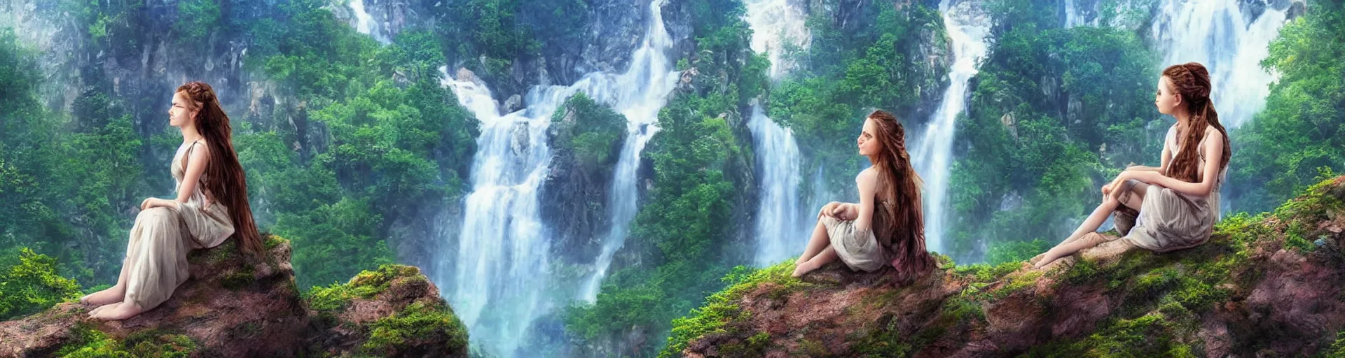 Prompt: a one beautiful girl sits in the mountains and braid her hair against a backdrop of beautiful mountains, forests, and waterfalls - fantasy art