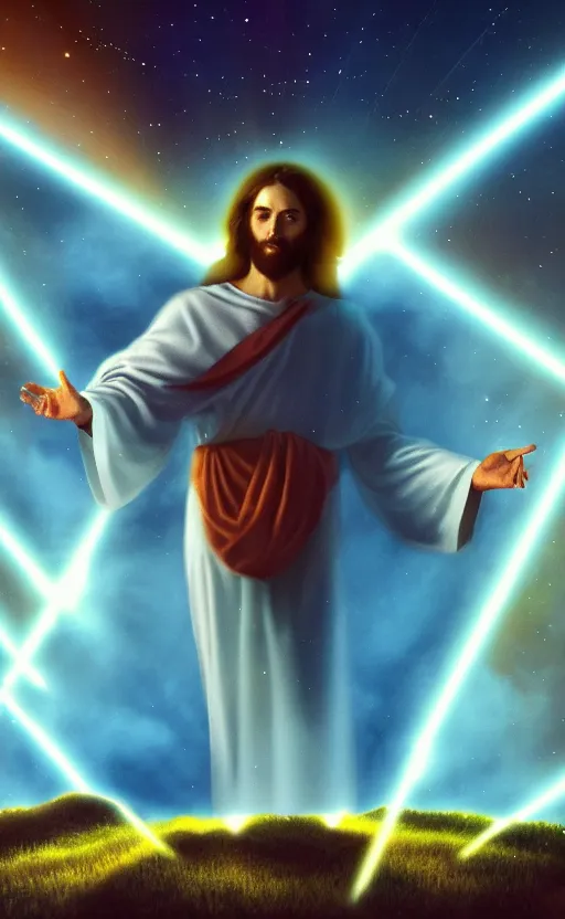 Prompt: Jesus casting a spell of cosmic love and appreciation. Digital art trending on artstation. 4k. Tyndall effect.