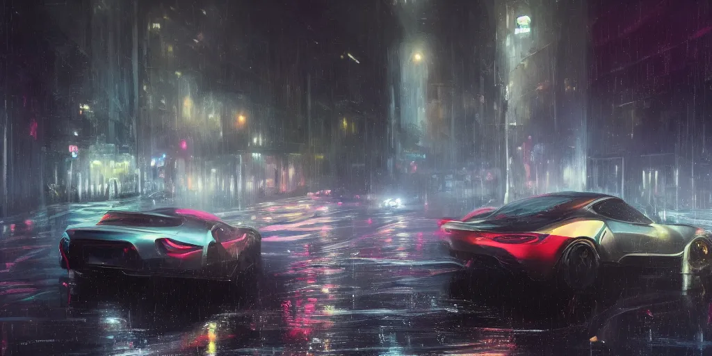 Image similar to full view of a sport car, on wet street at night, painted in dark color holographic pearlescent, elegant, digital painting, concept art, smooth, sharp focus, art style from Wang Ke and Greg Rutkowski and Bruce Kaiser and Scott Robertson and Dmitry Mazurkevich and Doruk Erdem and Jon Sibal