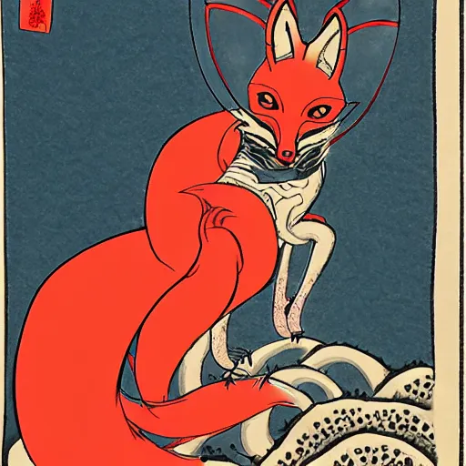 Prompt: fox woman dragon ukiyo - e style,