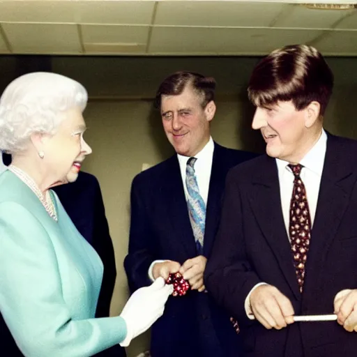 Prompt: queen elizabeth and peter beardsley opening a mid century office building ribbon cutting ceremony formal dress kodakchrome washed color