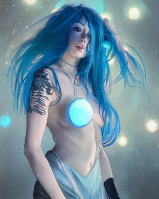 Image similar to stunningly beautiful female blue hair, dj sura, laser lights background, sharp focus, digital painting, 8 k, concept art, art by wlop, artgerm, greg rutkowski and alphonse mucha