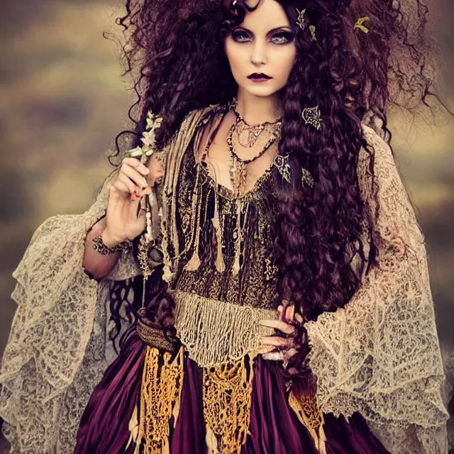 Prompt: ethereal beautiful woman with long curly hair in romany gypsy outfit, high detail, dark aesthetic