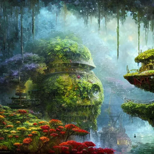 Image similar to overgrown flower covered mossy battleship cryengine render by android jones, james christensen, rob gonsalves, leonid afremov and tim white