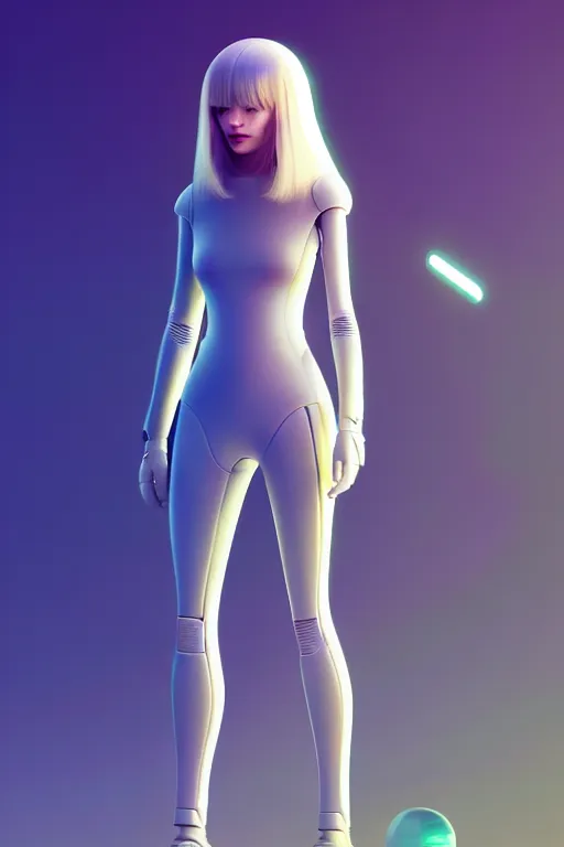 Prompt: upright and straight android women, scifi, futuristic design, bae suzy, long white hair, character design, cinematic lighting, highly detailed, by beeple, goro fujita, smooth gradient.