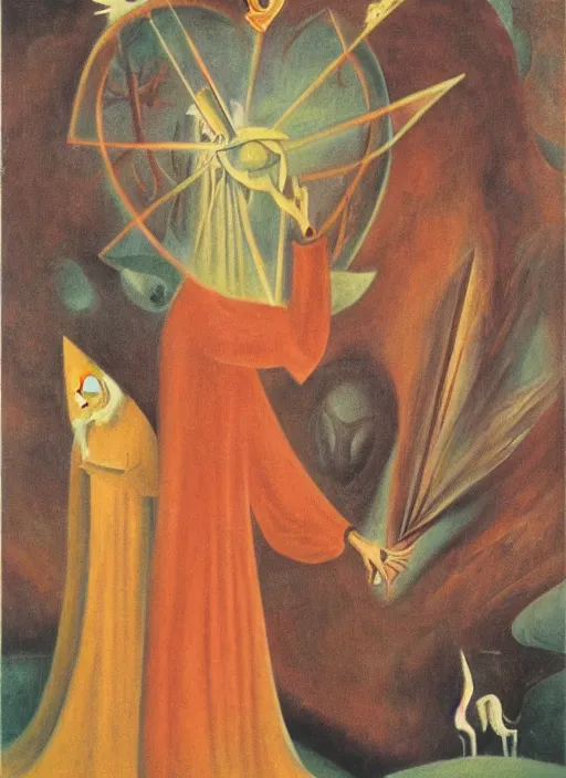 Image similar to an animation still painted by leonora carrington and remedios varo, tarot card, technicolor 4 k