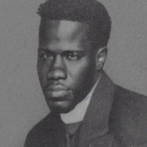 Image similar to photograph of kevin hart, male, 1 9 0 0 s, 1 9 1 0 s, grainy, slightly blurry, faded, realistic face