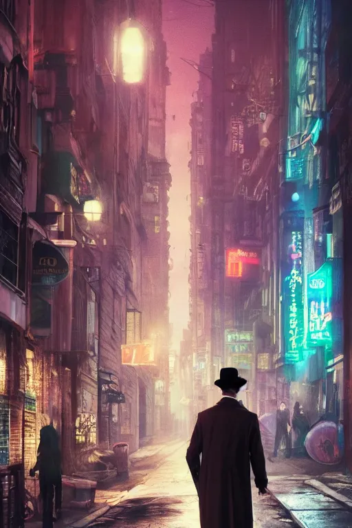 Prompt: sherlock holmes in a big city alley, wearing a hat and coat, looking onto the city buildings, photorealism, night ambiance, vaporwave colors, neon glow on structures, insane details, trending on artstation, cinematic moody colors, 8 k, 4 k