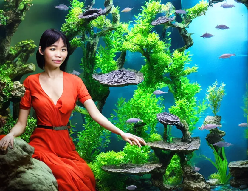 Prompt: southeast asian scifi alchemist in an aquascaped freshwater aquarium, wearing a lovely dress. this oil painting by the award - winning mangaka has an interesting color scheme and impeccable lighting.