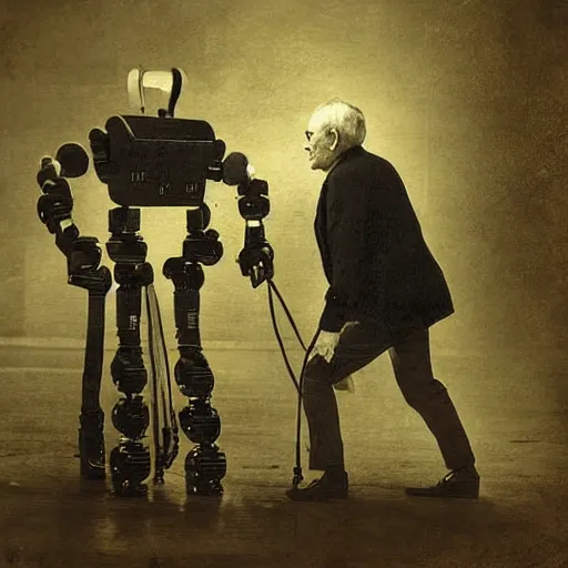 Image similar to robot attacking an old man , old photograph , 1824 , 4k , HD , realistic