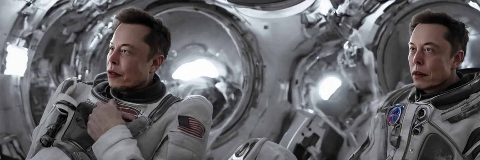 Prompt: old elon musk in a space x spaceship, movie still, cinematic, photorealistic, extreme detail, facial features, sharp focus, 8 k, anamorphic lens, lighting, dark