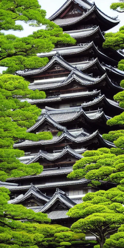 Prompt: a towering japanese castle, lush foliage, sakura by Frank Lloyd Wright