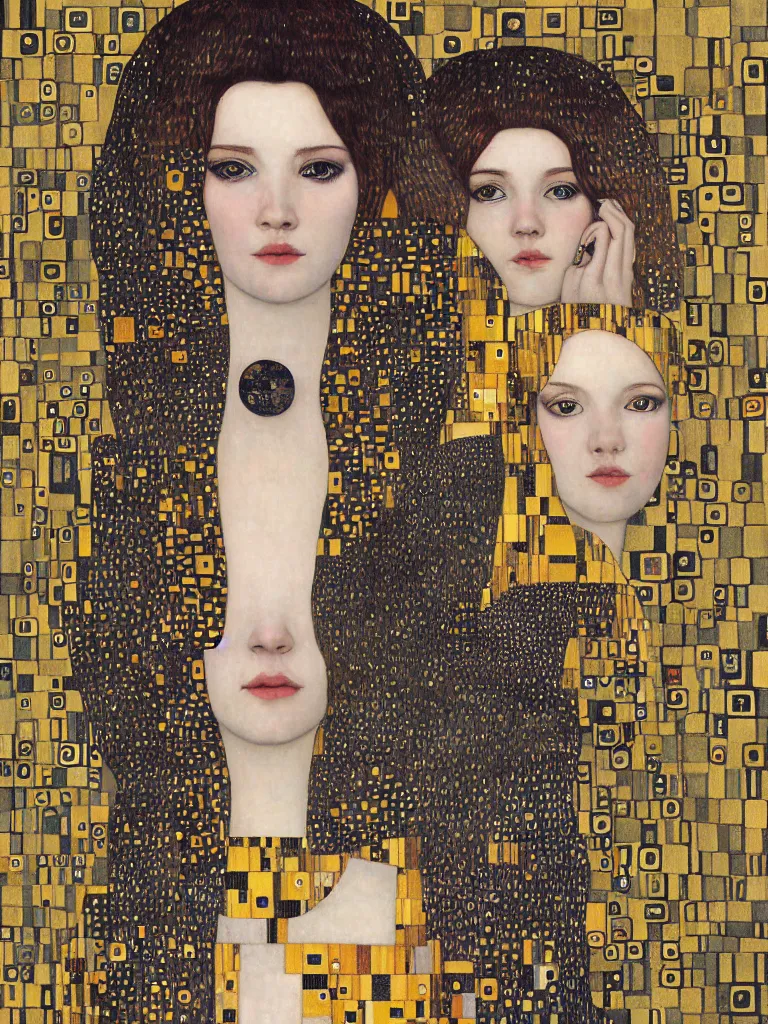 Prompt: isometric symmetrical futuristic female portrait by klimt