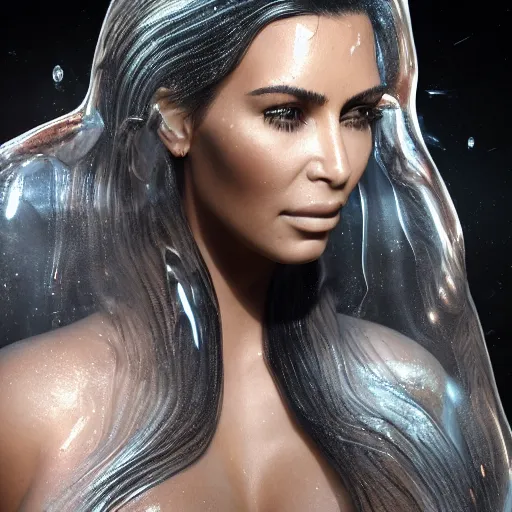 Image similar to epic still of kim kardashian trapped in a transparent alien liquid, wet flowing hair, gooey skin, illustration, unreal engine 5, 8 k, made by h. r. giger