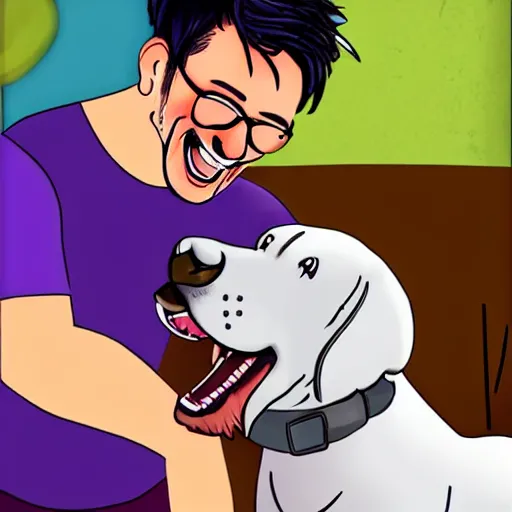 Image similar to a caricature of Markiplier laughing happily as he pets his dog.