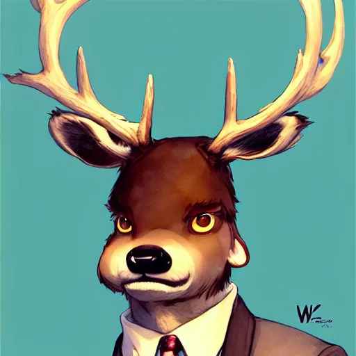 Image similar to character design portrait of a stupid chinese anthropomorphic furry deer man with deer ears, short brown hair, wearing a suits, looking at the camera, 4 k, concept art, by wlop, wenjun lin, watercolor, ilya kuvshinov, artgerm, krenz cushart, pixiv.