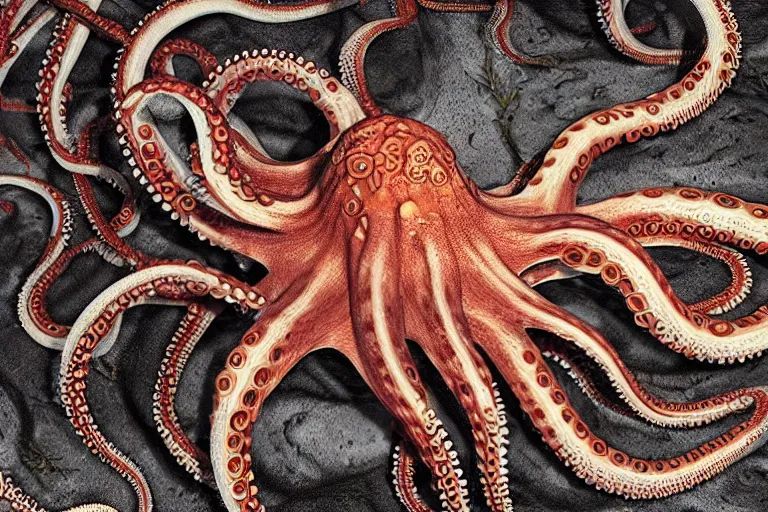 Image similar to a close up of an octopus's body and tentacles, a computer rendering by earnst haeckel, trending on zbrush central, neoplasticism, lovecraftian, zbrush, biomorphic, midjourney, dall - e, nightcafe