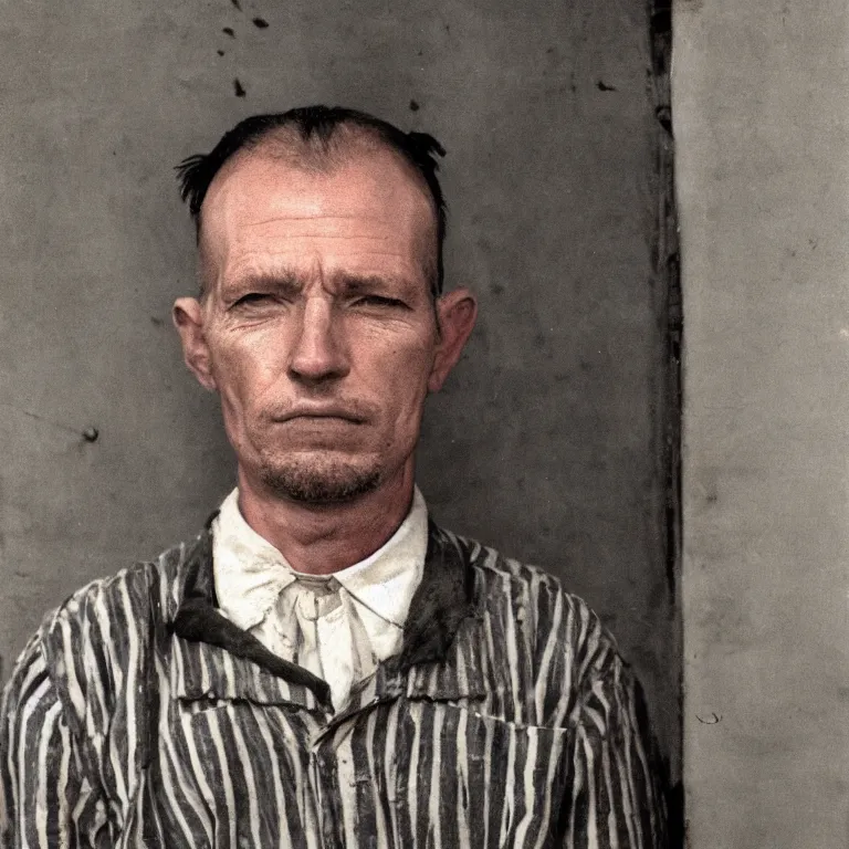 Image similar to crocodile headed man wearing striped prison clothing, colorized old jail mugshot