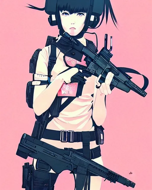 Image similar to girl with tactical gear, very anime!!! anime!! intricate details, aesthetically pleasing pastel colors, poster background, aesthetic details, art by conrad roset and ilya kuvshinov