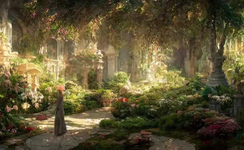Image similar to Beautiful garden, next to a haven and a mystical palace, intricate, elegant, volumetric lighting, digital painting, highly detailed, artstation, sharp focus, illustration, concept art, ruan jia, steve mccurry