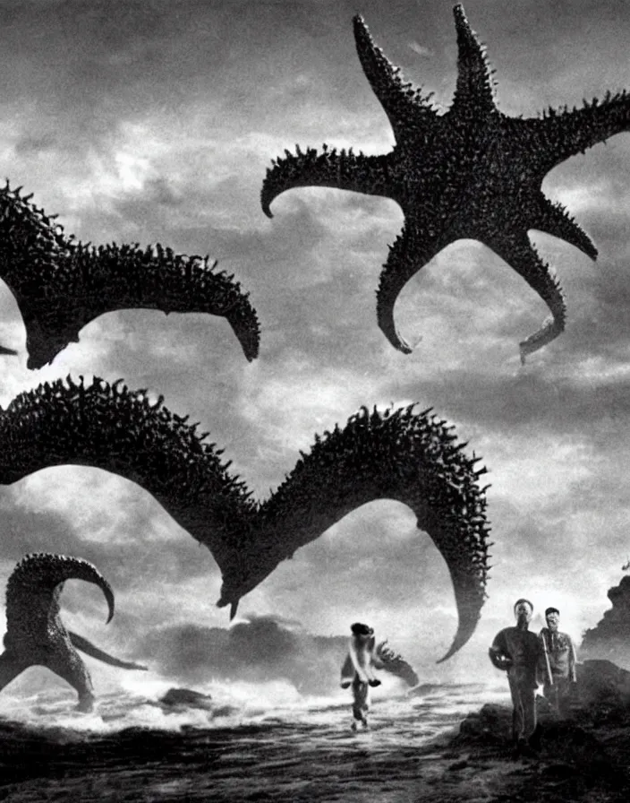 Image similar to a filmstill of a north korean monster movie, kaiju - eiga monster with starfish - arms trampling a traditional korean palace, foggy, film noir, epic battle, etheral, explosions, communist propaganda, communist epic thriller produced by kim jong - il, cinematography by akira kurosawa and tim burton, video compression