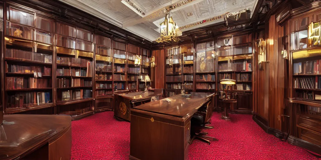 Prompt: luxurious art deco themed office interior, dark walnut wood, stained glass windows, multiple desks, meeting table, red carpet, elegant, book shelfs, victorian, edwardian, chique, style of peaky blinders, brass details, bankers lamp, steam punk, 8 k