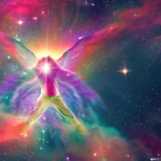 Prompt: an angelic being flying through a nebula