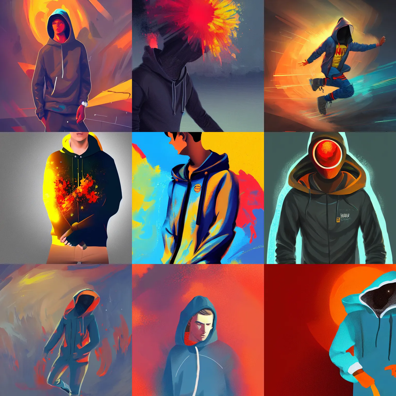 Prompt: young man stepping out of a explosion, digital painting, concept art, hoodie, smooth, sharp focus, bright colors, illustration, artwork by viktoria gavrilenko