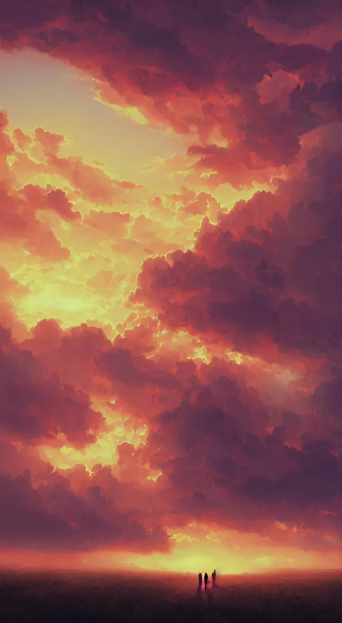 Prompt: pink clouds backlit by yellow sun, volumetric fog, godrays, high contrast, high contrast, high contrast, vibrant colors, vivid colors, high saturation, by Greg Rutkowski and Jesper Ejsing and Raymond Swanland and alena aenami, featured on artstation, wide angle, vertical orientation