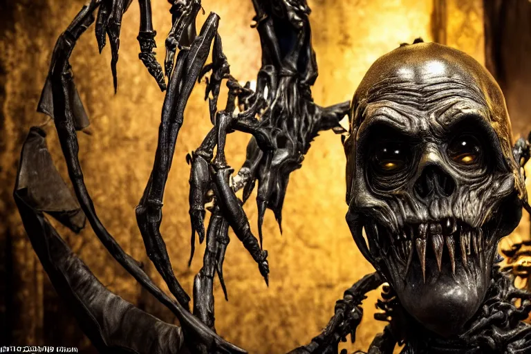 Image similar to photo taken of an epic intricate, ultra detailed, super realistic sculpture of a nightmarish hellish demonic hooded grim reaper animatronic on display in a workshop, created by weta workshop, zoomed in shots, photorealistic, sharp focus, f 0. 4, face centred, macro photography, golden ratio, golden hour