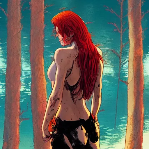 Image similar to a beautiful comic artwork by Jerome Opeña of a woman with red hair near a lake at night, featured on artstation