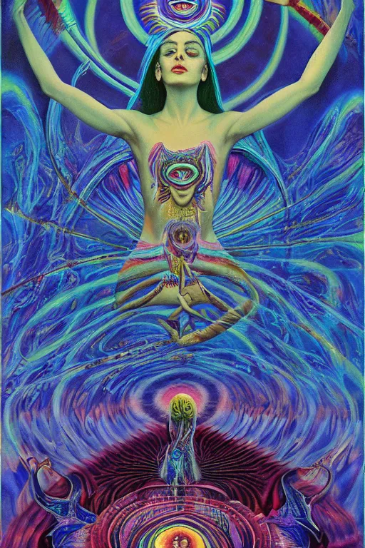 Image similar to mystic cult girl performing psychedelic third eye ritual, expanding energy into waves into the ethos, epic surrealism 8k oil painting, high definition, post modernist layering, by Ernst Fuchs, John Howe