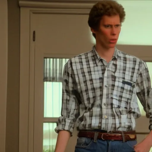 Image similar to Live Action Still of Jerma in Napoleon Dynamite, real life, hyperrealistic, ultra realistic, realistic, highly detailed, epic, HD quality, 8k resolution, body and headshot, film still