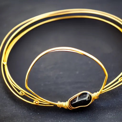 Prompt: archaic Primitive Gold Bangle, 14K Gold Wire, Single Center sinister tungsten rock , Shungite Bangle, Mineral and Gold Jewelry, Product Photography