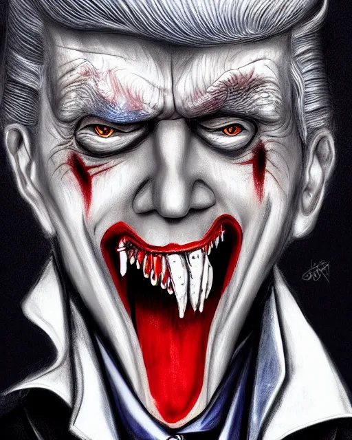 Image similar to dracula donald trump, character portrait, close up, concept art, intricate details, highly detailed, hyperrealism in the style of otto dix and h. r giger