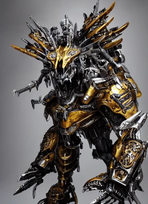 Image similar to hyper realistic glorious ancient wargreymon in a obsidian metal armor, futuristic design, designed by makoto kobayashi and luca zampriolo, portrait, cyberpunk style, wood and gold details, intricate, extremely detailed, ornate, deep of field, hard surface, exoskeleton, substance designer metal unreal engine. amazing likeness. very detailed.