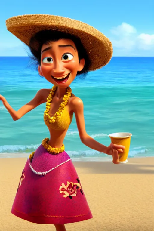 Prompt: portrait of a hawaiian dancer without hat holding a white tea cup with the beach in background, full body. pixar disney 4 k 3 d render funny animation movie oscar winning trending on artstation and behance, ratatouille style