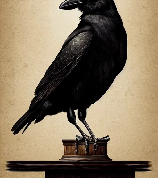 Image similar to portrait of a beautiful crow sitting upon a table with heightened detail, detailed facial expression, detailed surroundings, elegant, highly detailed, centered, digital painting, artstation, concept art, smooth, sharp focus, illustration, by ( leonardo da vinci ), wlop