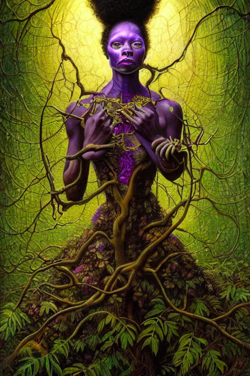 Prompt: hyperrealistic victorian super expressive! black woman with exoskeleton armor, merging with tree in a forest, highly detailed digital painting masterpiece smooth brad kunkle hannah yata dramatic pearlescent yellow purple light ground angle hd 8k sharp focus