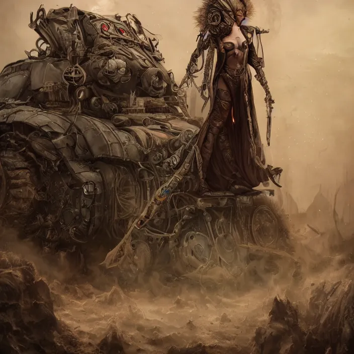 Image similar to beautiful apocalyptic woman in hooded cloak, standing on mad max panzer tank, hyper-detailed, smooth, sharp focus, 4k ultra hd, fantasy dark art, tank girl, artgerm, artstation, octane render, elegant, detailed digital painting, apocalyptic art, peter mohrbacher, Francis bacon