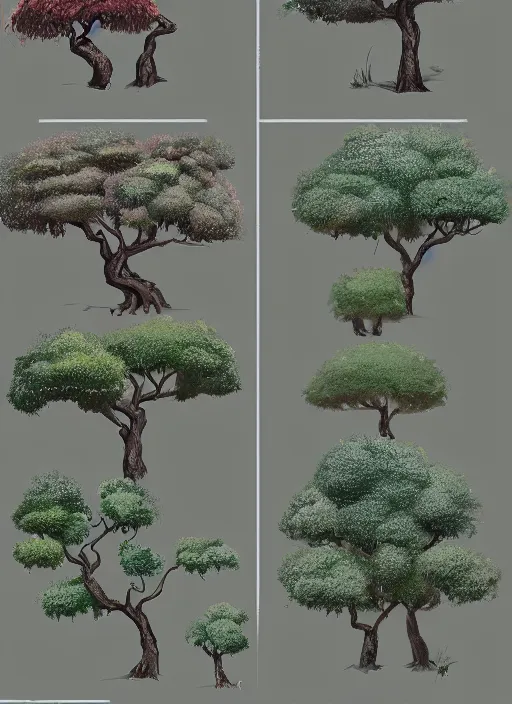 Image similar to a set of different trees and bushes, concept art by senior environment artist, polycount, environmental art, concept art, 2 d game art