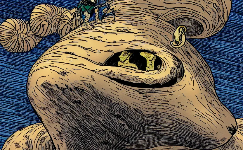 Image similar to incredible eye catching comic panel showing a desert mouse riding a sandworm of the deep desert, close up shot of the mouse's face struggling to steer the beast